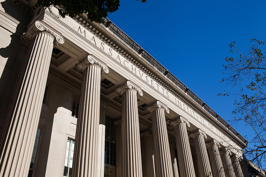 Close-up view of the columns of MIT’s main building in Cambridge, Massachusetts