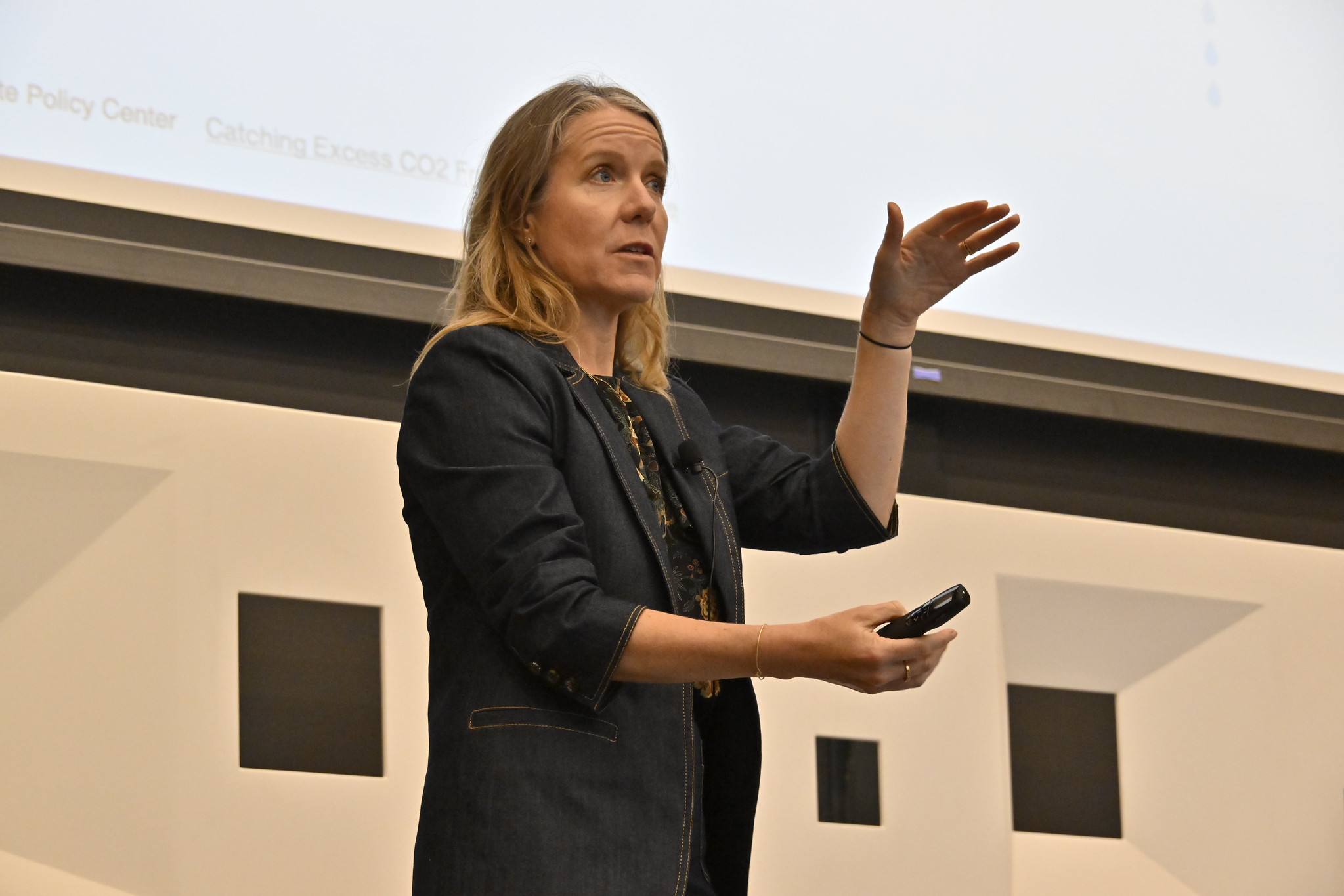 Woman gestures during presentation.