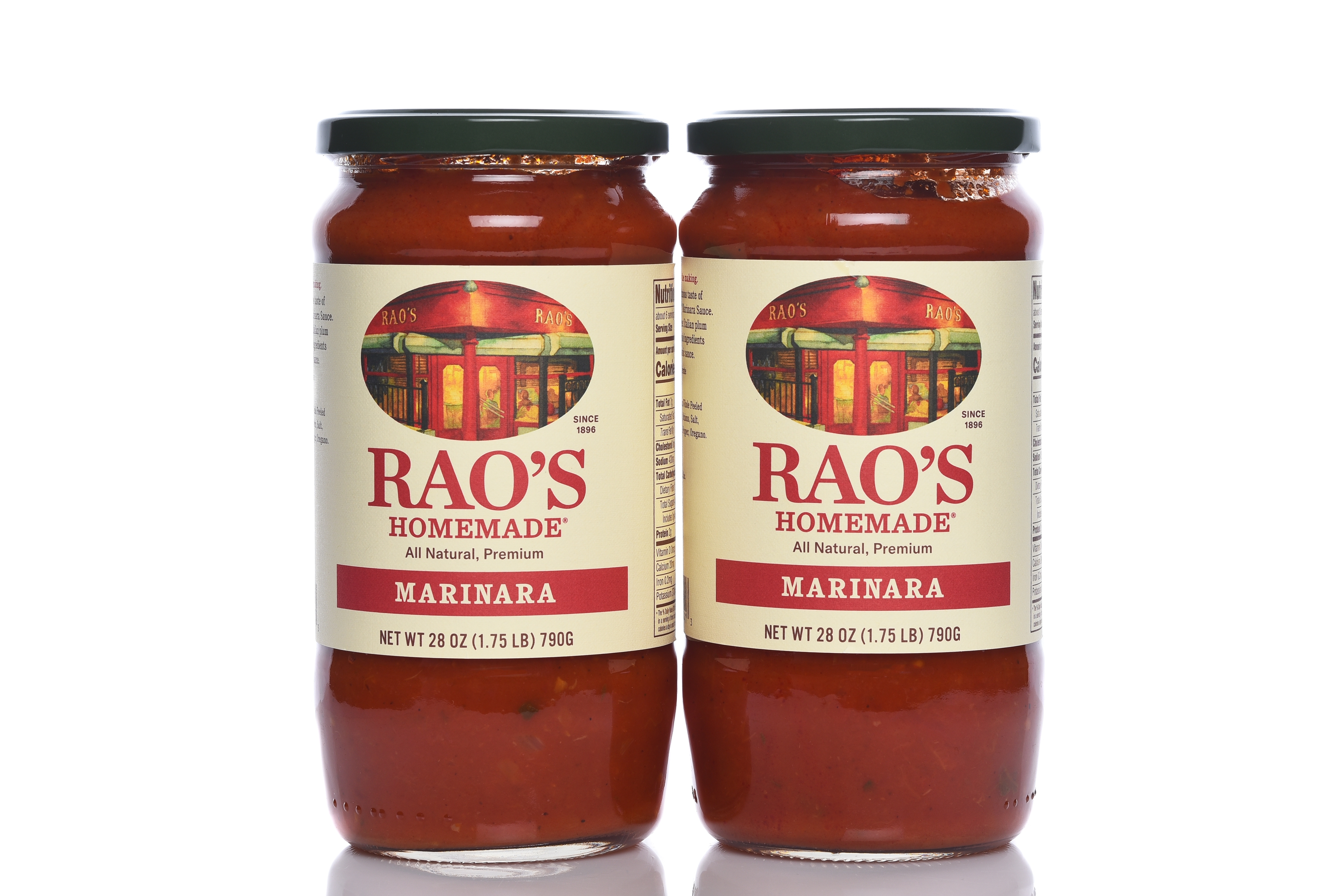 Two Rao's sauce jars side by side, front view 