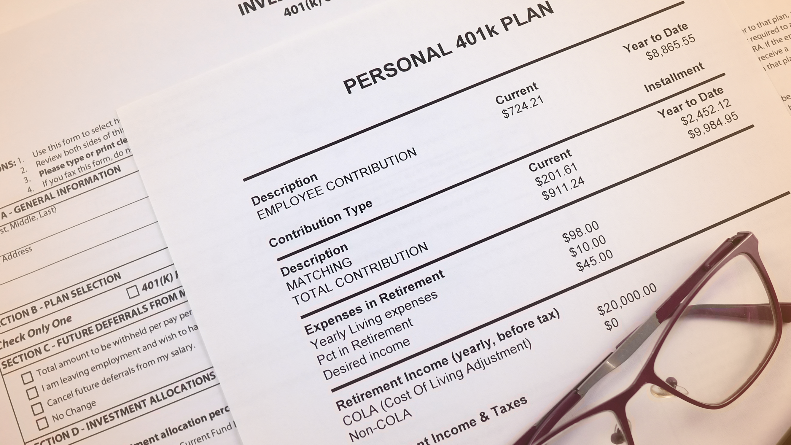 Paper 401k form with a pair of glasses