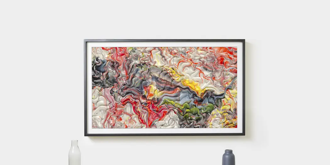 An image of a Depict frame hanging on a wall above a table.