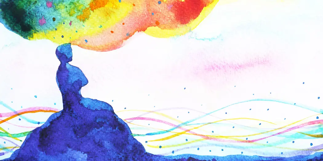 An illustration depicting a person developing ideas beneath a rainbow-colored cloud.