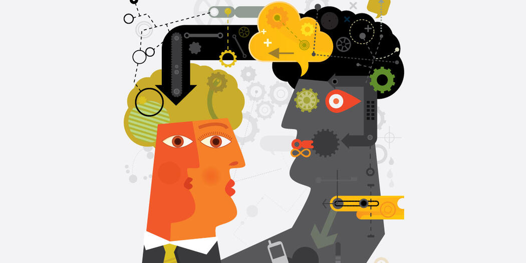 An illustration of two Picasso-work-like figures sharing ideas.