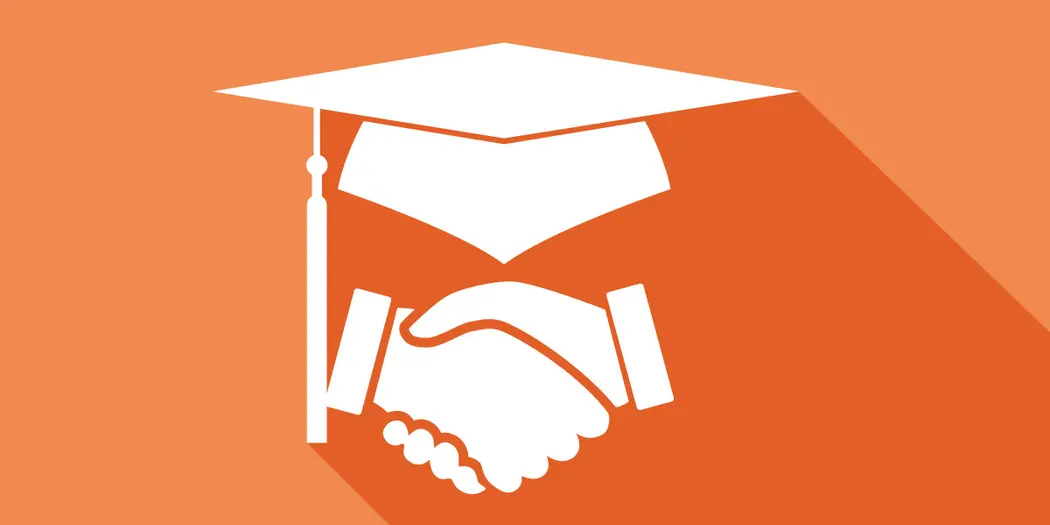 An illustration showing two hands in a handshake beneath a mortarboard. 