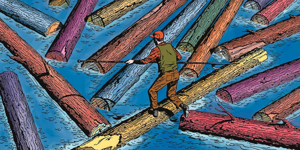 illustration of a man balancing on logs
