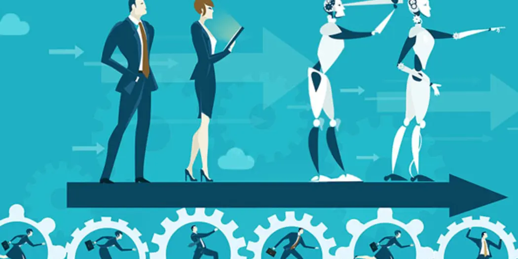 Businesspeople and humanoid robots standing on a conveyor belt shaped like an arrow pointing forward.