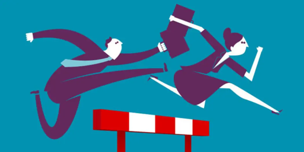 An illustration of a businessman and businesswoman leaping a hurdle.