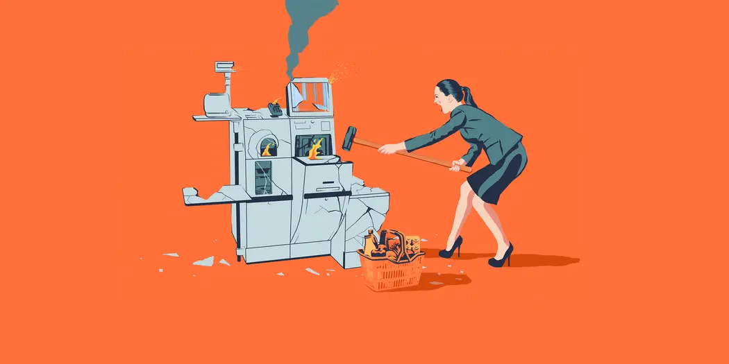 Illustration of frustrated customer destroying a self-checkout kiosk at grocery store.