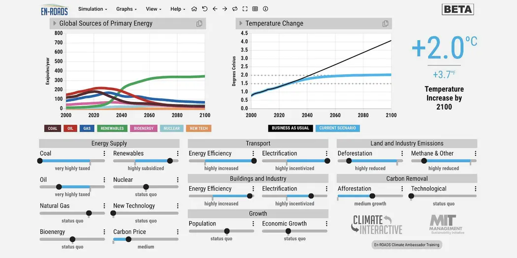 A screenshot of the en-roads climate simulator.