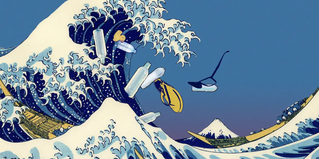 ocean wave in the style of a Japanese woodcut with plastic debris
