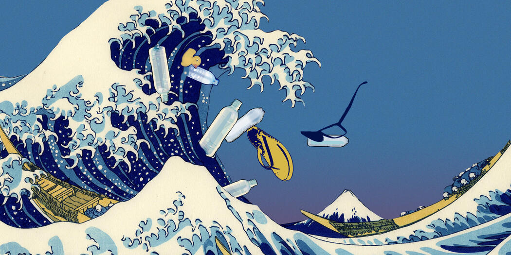 ocean wave in the style of a Japanese woodcut with plastic debris