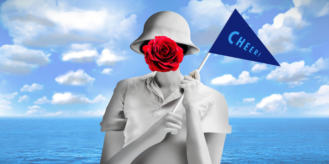 a female figure with a red rose as a face, holding a cheer pennant to symbolize an inner champion