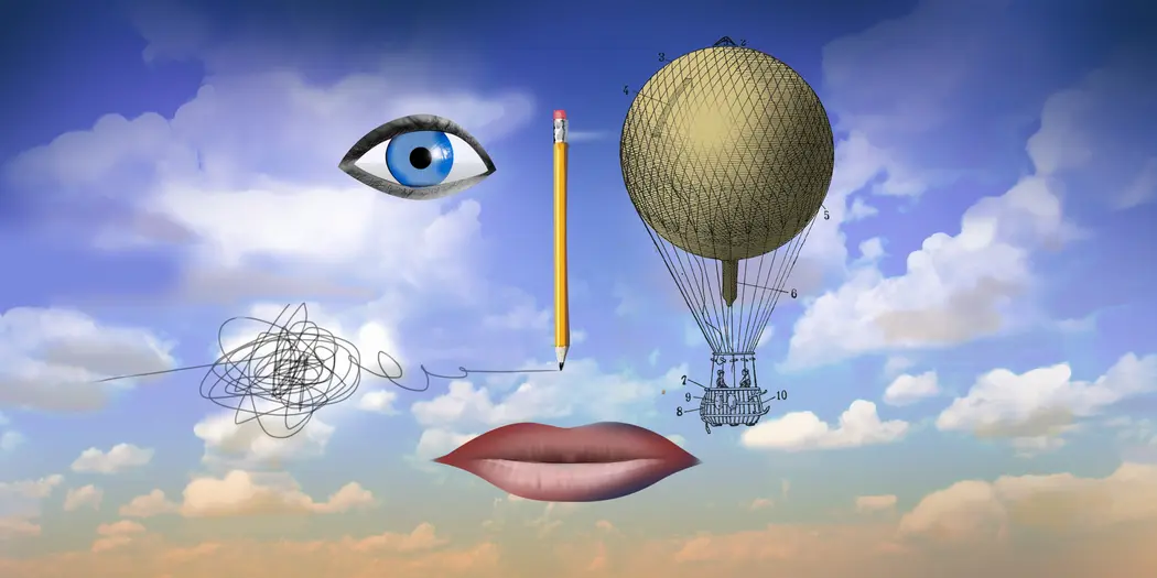 a face made of an eye, lips, and balloon floating in mid-air, signifying the inner editor