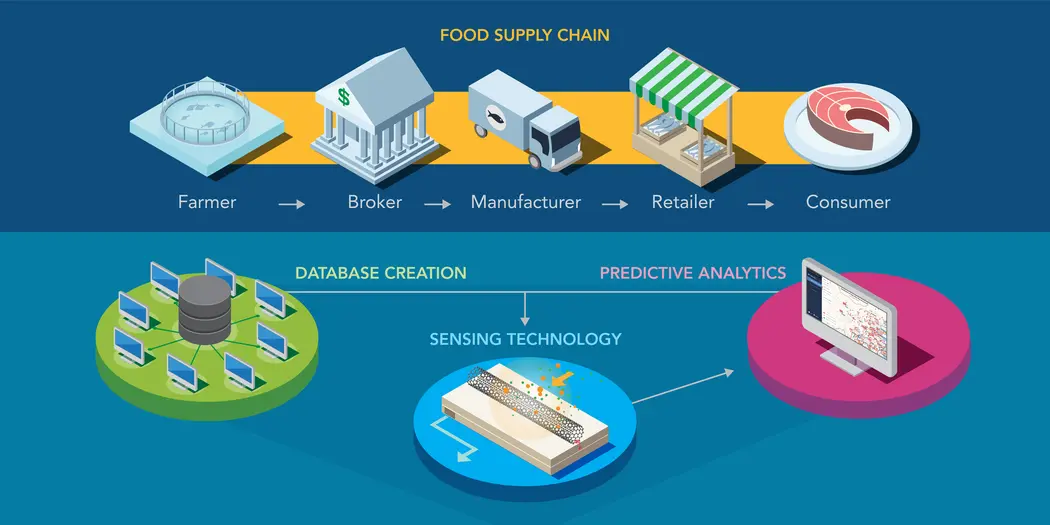 Image of how database creation, sensing technologies, and predictive analytics inform the food supply chain.