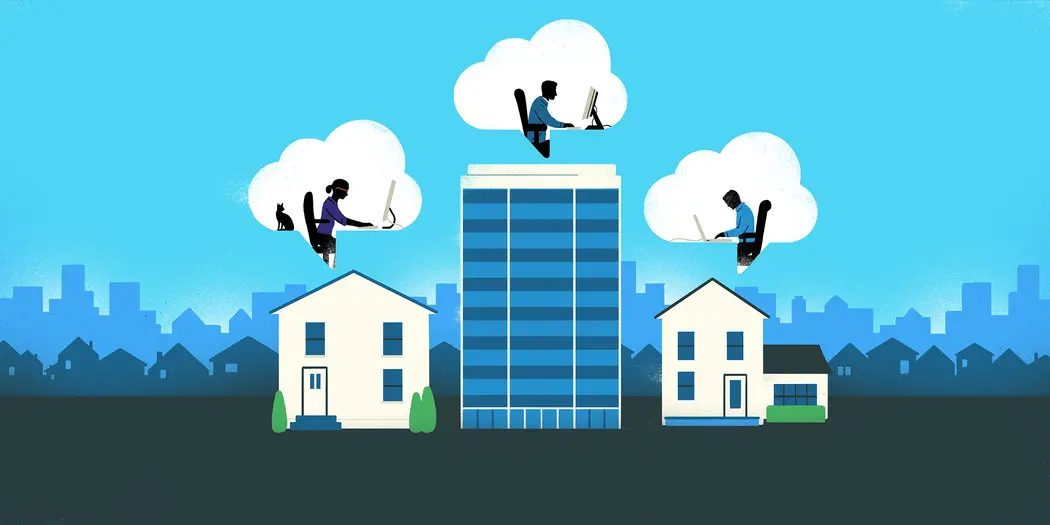 illustration of three workers at their desk while sitting in clouds above offices and homes