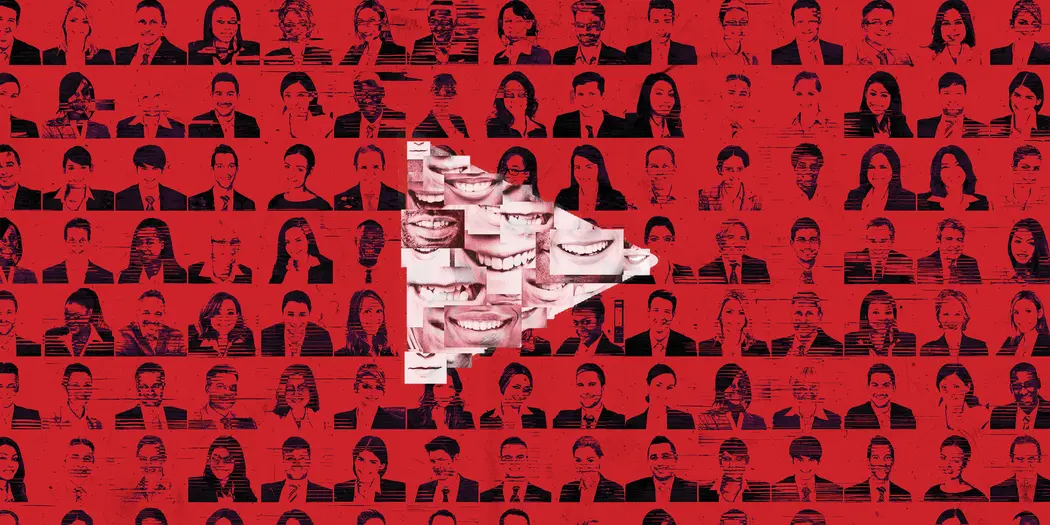 Graphic of a collage of people in the background with a play button consisting of various mouths in the foreground.