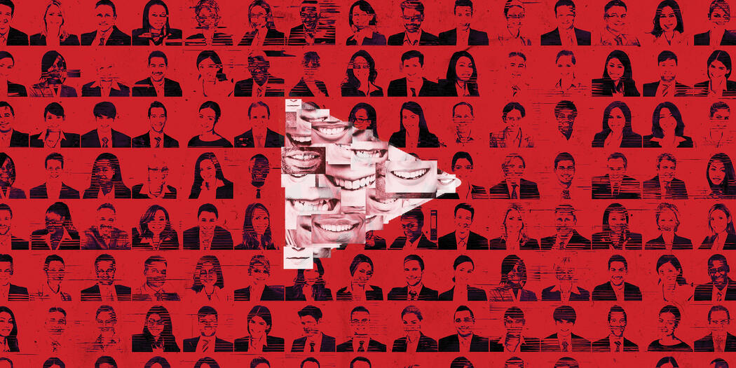 Graphic of a collage of people in the background with a play button consisting of various mouths in the foreground.