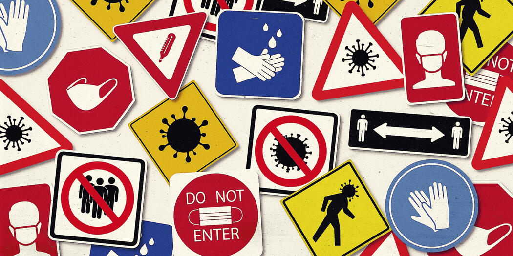 A variety of different signs to illustrate different COVID-19 policies. 