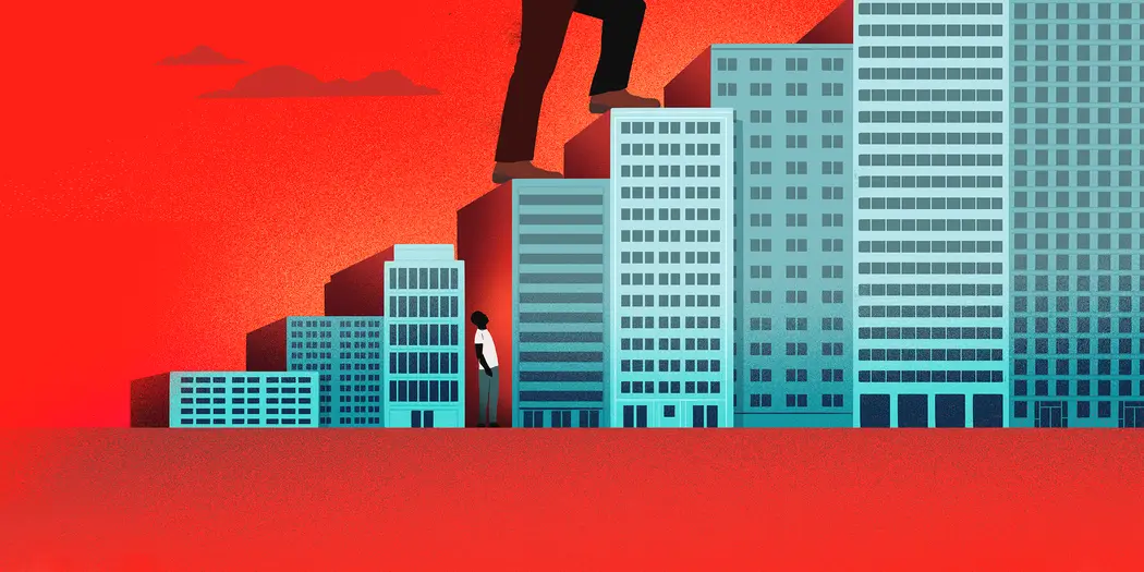Illustration of a Black man being trapped between buildings in an urban landscape. Larger than life legs are walking up buildings that represent stairs.