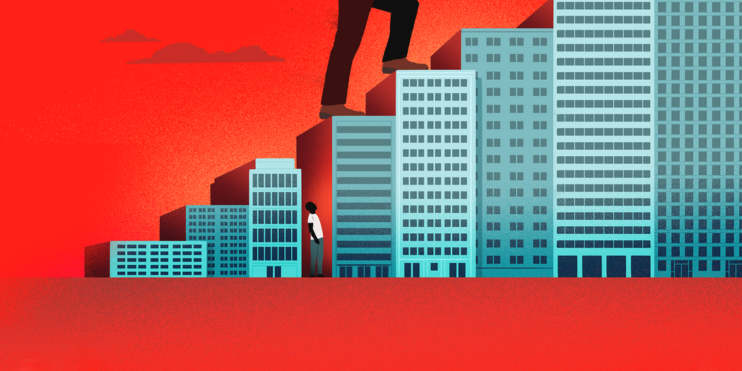 Illustration of a Black man being trapped between buildings in an urban landscape. Larger than life legs are walking up buildings that represent stairs.