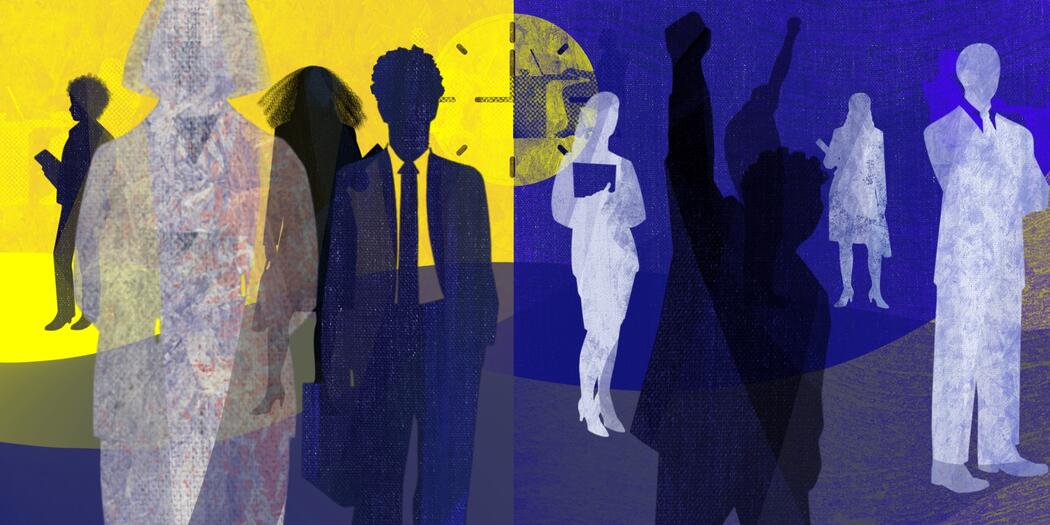 Illustration of the influence of Black Lives Matter in the workplace. Silhouettes of various employees in different shades can be seen as well as a clock.