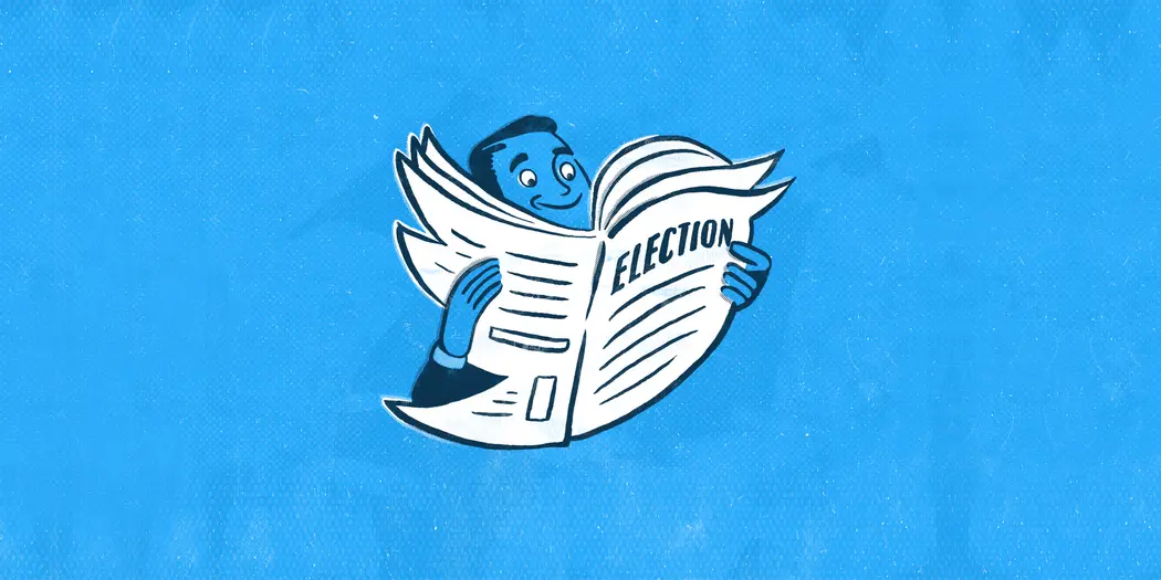 Illustration of a man reading a newspaper in the shape of a twitter bird that says "Election"