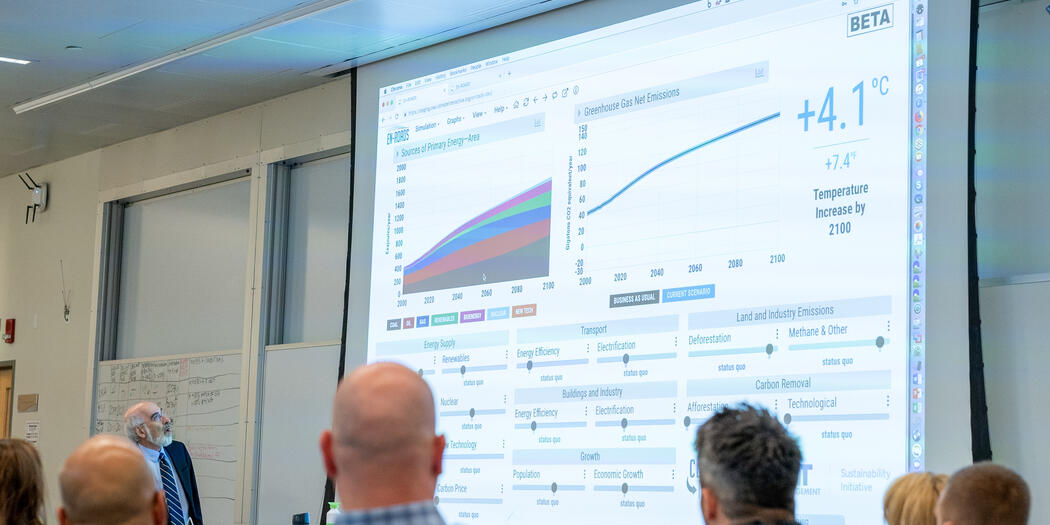 Climate simulation displayed on smart board before an audience