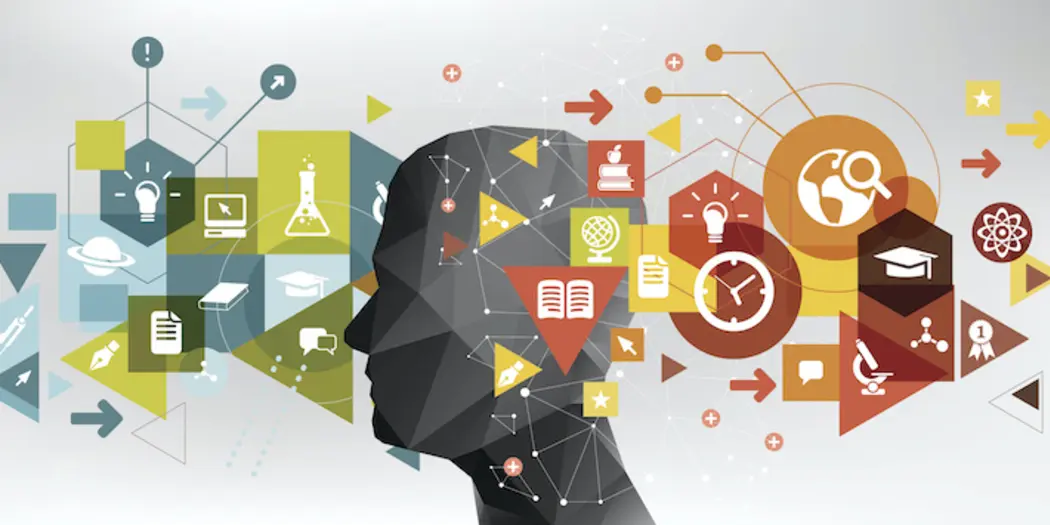 Graphic of a man's profile in silhouette, surrounded by various symbols 