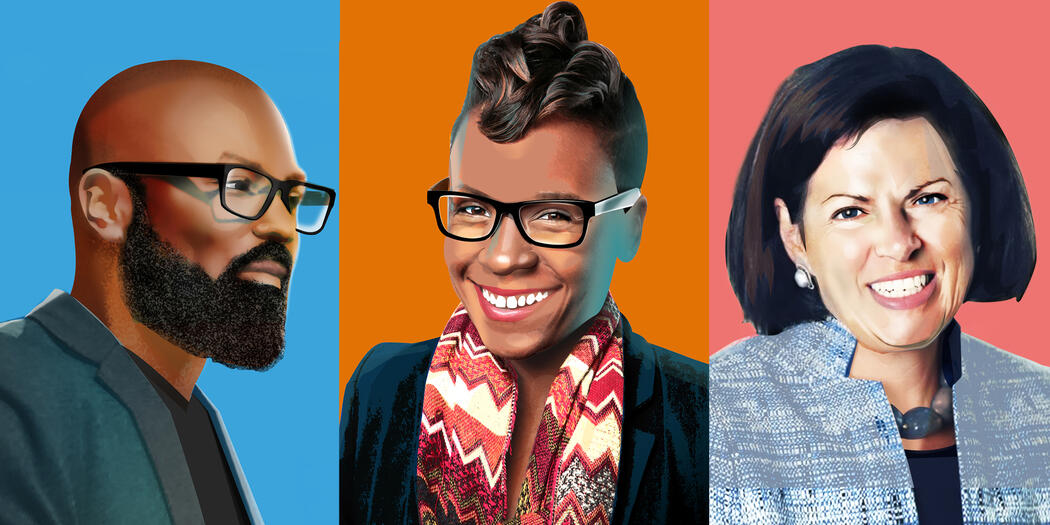 Illustrated portraits of Craig Robinson, Stephanie Lampkin, and Martha Samuelson for MIT Sloan's My Idea Made To Matter series