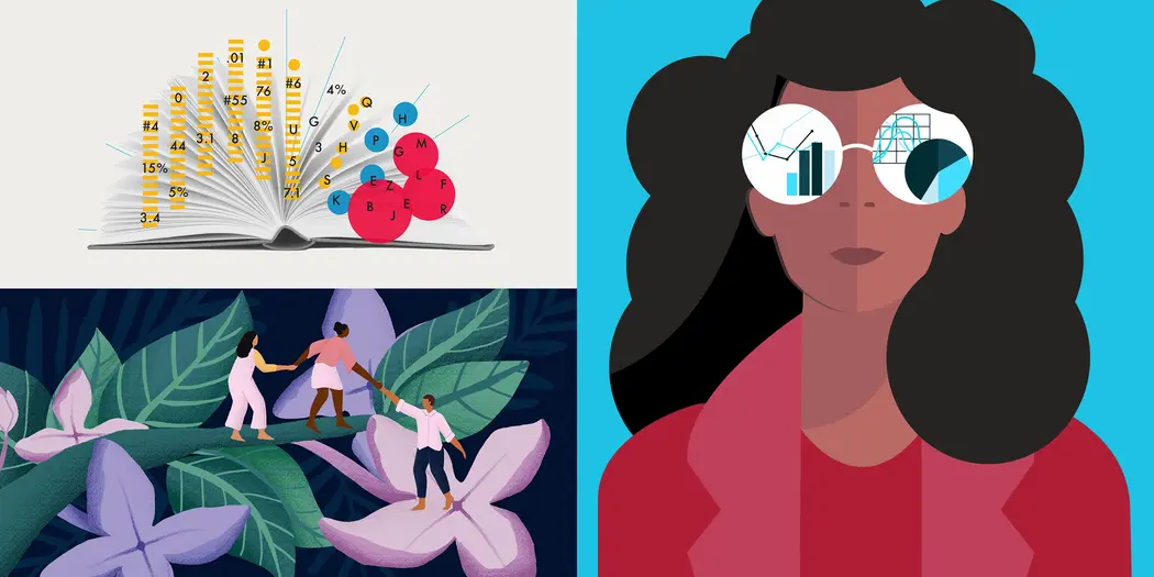 Three different editorial illustrations including two for the topic of data analytics and one for community support