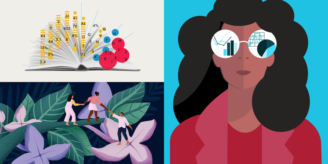 Three different editorial illustrations including two for the topic of data analytics and one for community support
