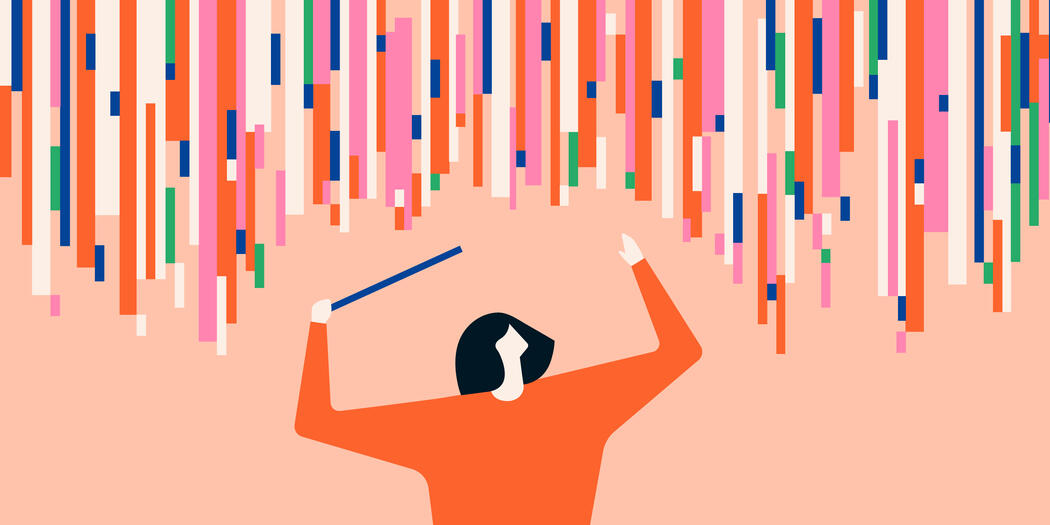 Illustration of person curating bars of data like a conductor of a symphony.
