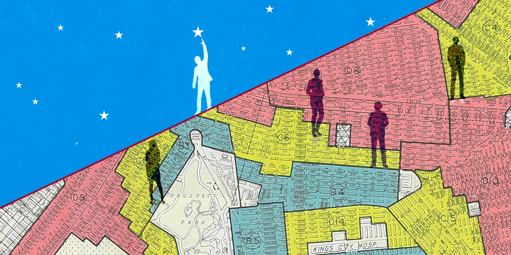 Illustration of of a person reaching the stars juxtaposed with people spread across a map from a 1938 Home Owners' Loan Corporation map that ranked neighborhoods on desirability