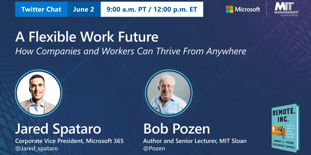 Banner announcing the Twitter chat with Bob Pozen and Jared Spataro