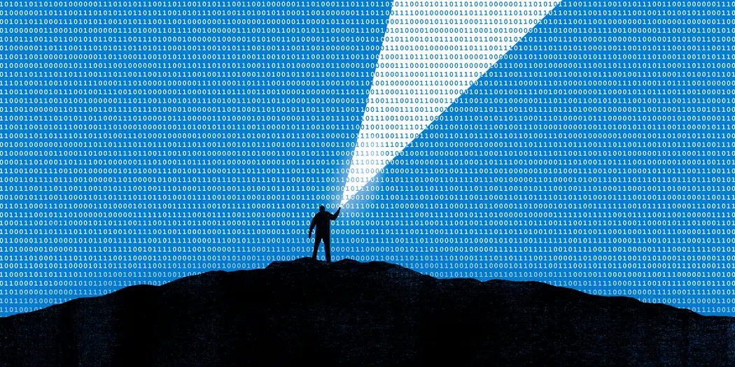 An illustration of a person using a flashlight to cast a beam a light amongst a sky of binary code