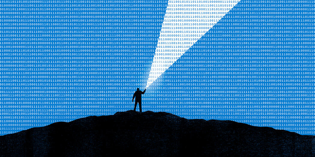 An illustration of a person using a flashlight to cast a beam a light amongst a sky of binary code