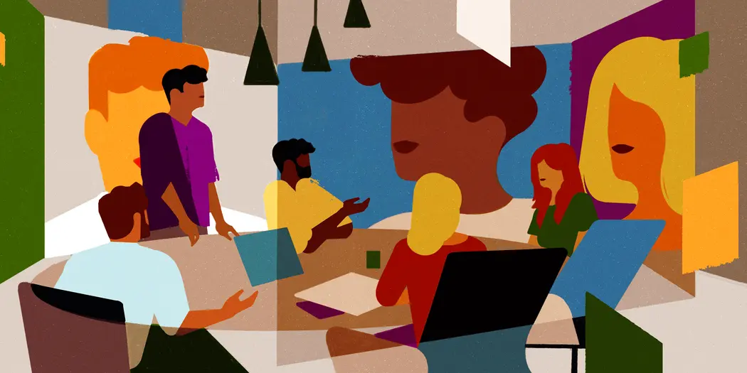 An illustration of a boardroom meeting with some employees in the office and some on screens remotely