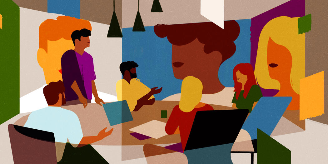 An illustration of a boardroom meeting with some employees in the office and some on screens remotely