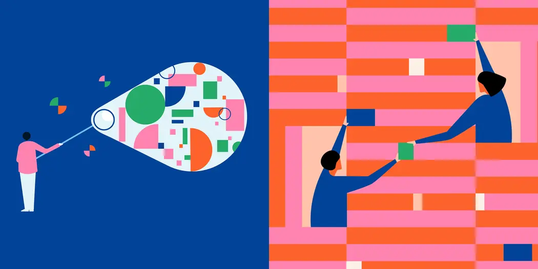 Two illustrations: in the first, a person uses a net to catch data and in the second, two people exchange data