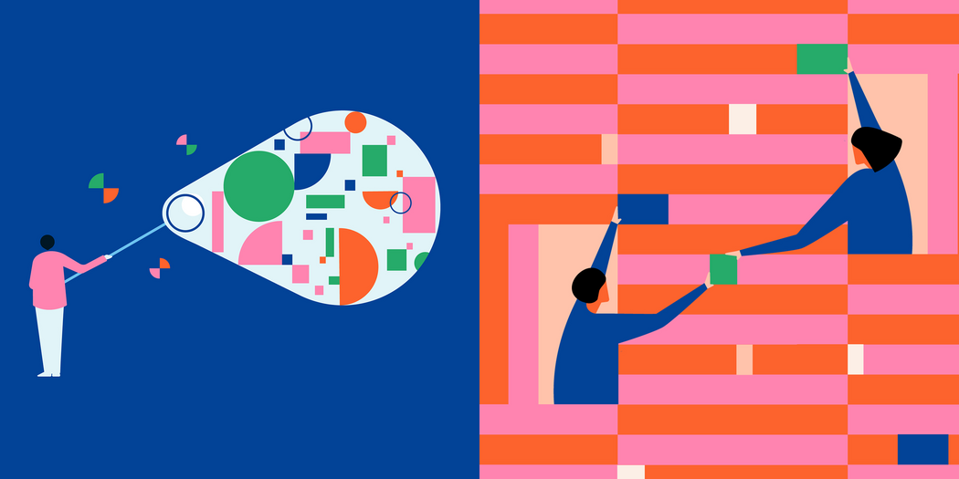 Two illustrations: in the first, a person uses a net to catch data and in the second, two people exchange data