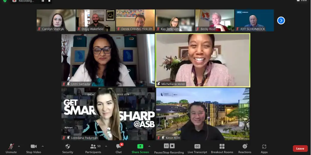 Zoom screenshot of Urmi Samadar, Michellana Jester, Loredana Padurean, and Kevin Koh giving a presentation during the LEPE 2021 Conference.