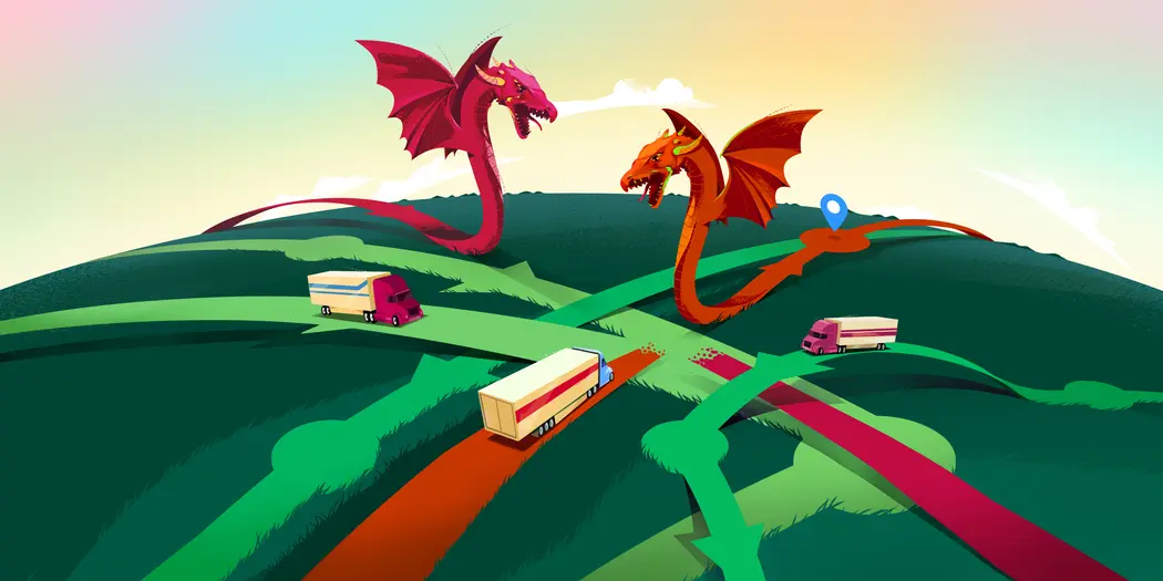 An illustration of cargo trucks en route with danger present in the form of dragons
