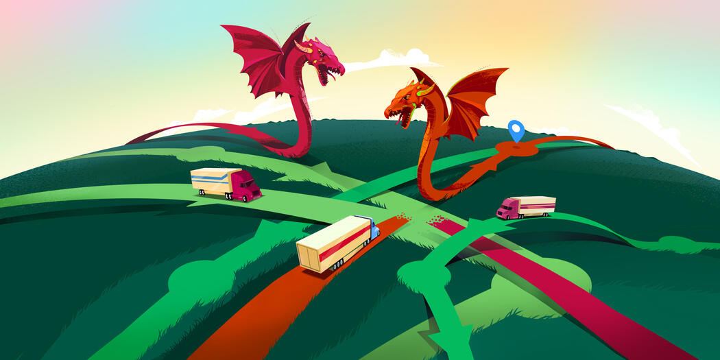 An illustration of cargo trucks en route with danger present in the form of dragons