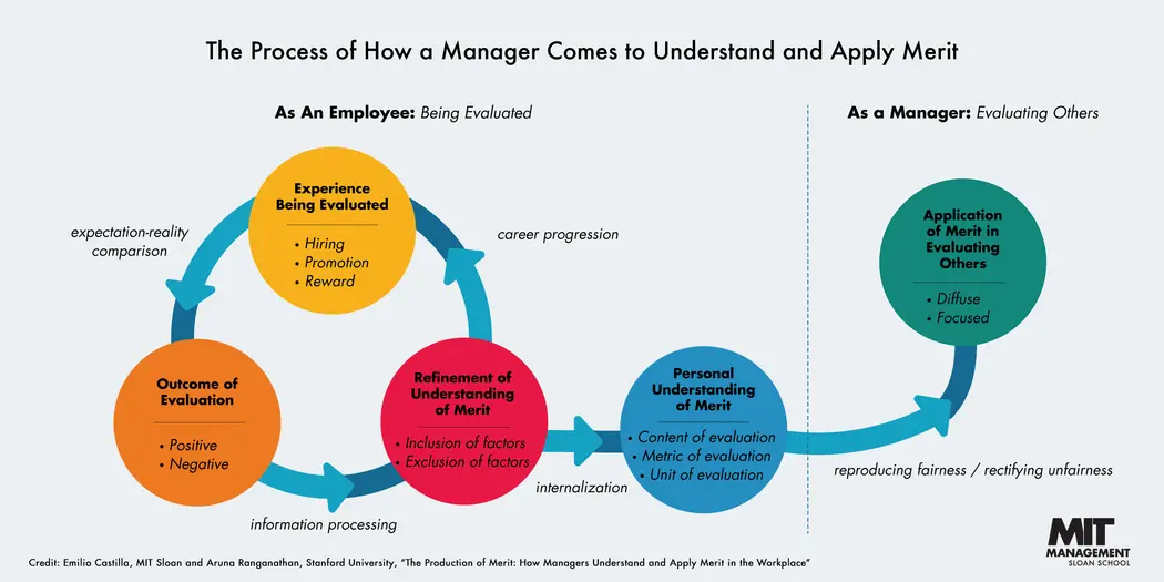 Infographic of the process of how managers come to understand and apply merit