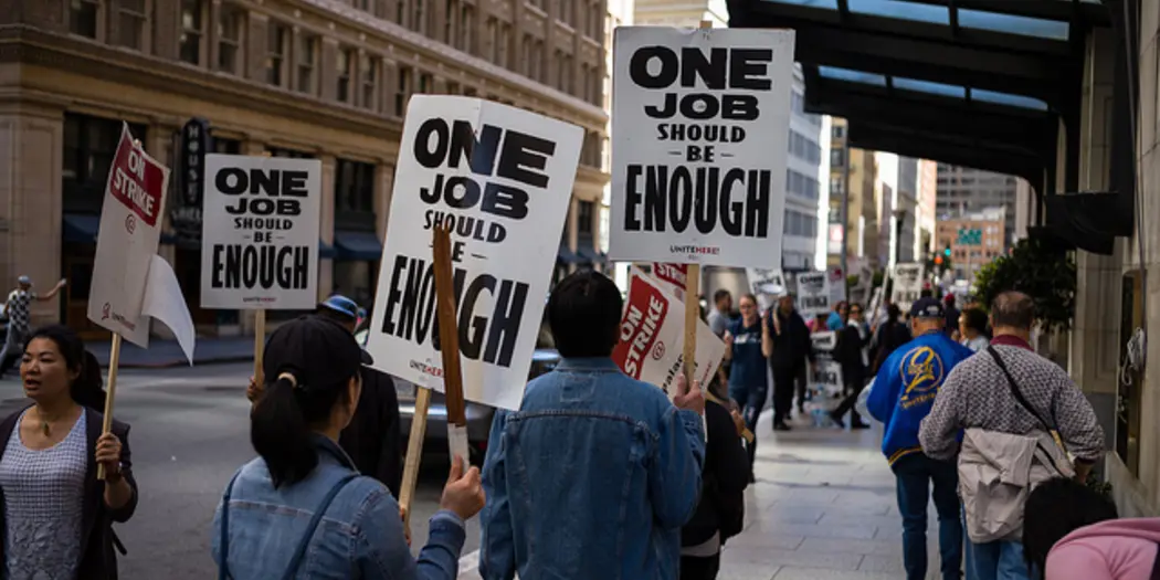Marriott hotel workers on strike outside.