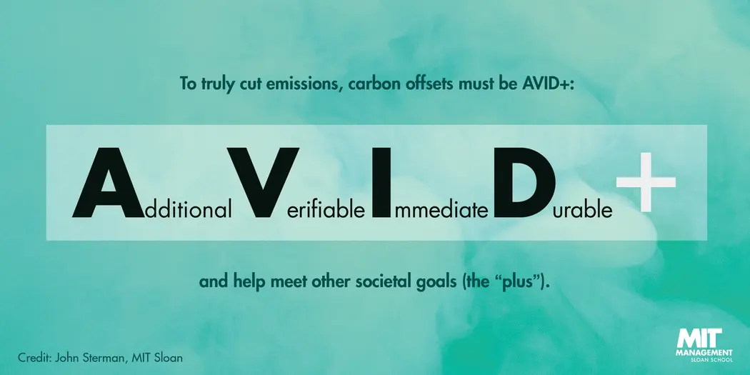 A framework to cut carbon emissions called "AVID+" which stands for additional, verifiable, immediate, durable, with the plus sign standing for meeting other societal goals