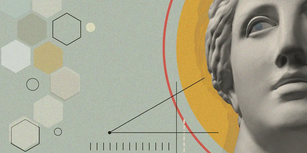 Art collage with geometric shapes and Venus sculpture.