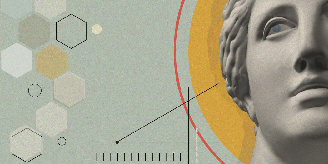 Art collage with geometric shapes and Venus sculpture.