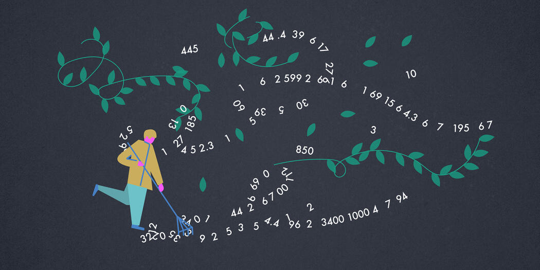 An illustration of a person raking in data and leaves flying everywhere