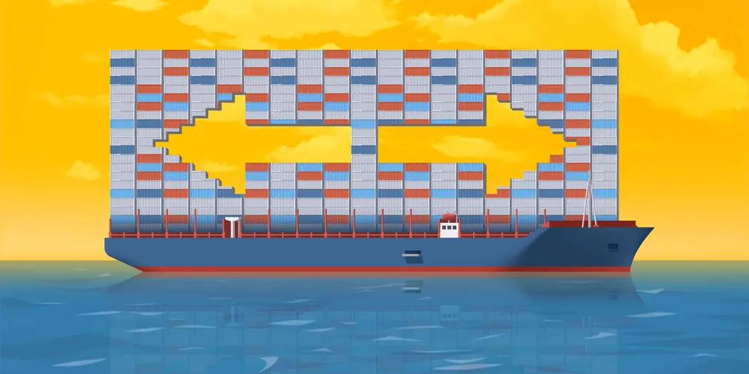 An illustration of a cargo ship with two arrows pointing in opposite directions